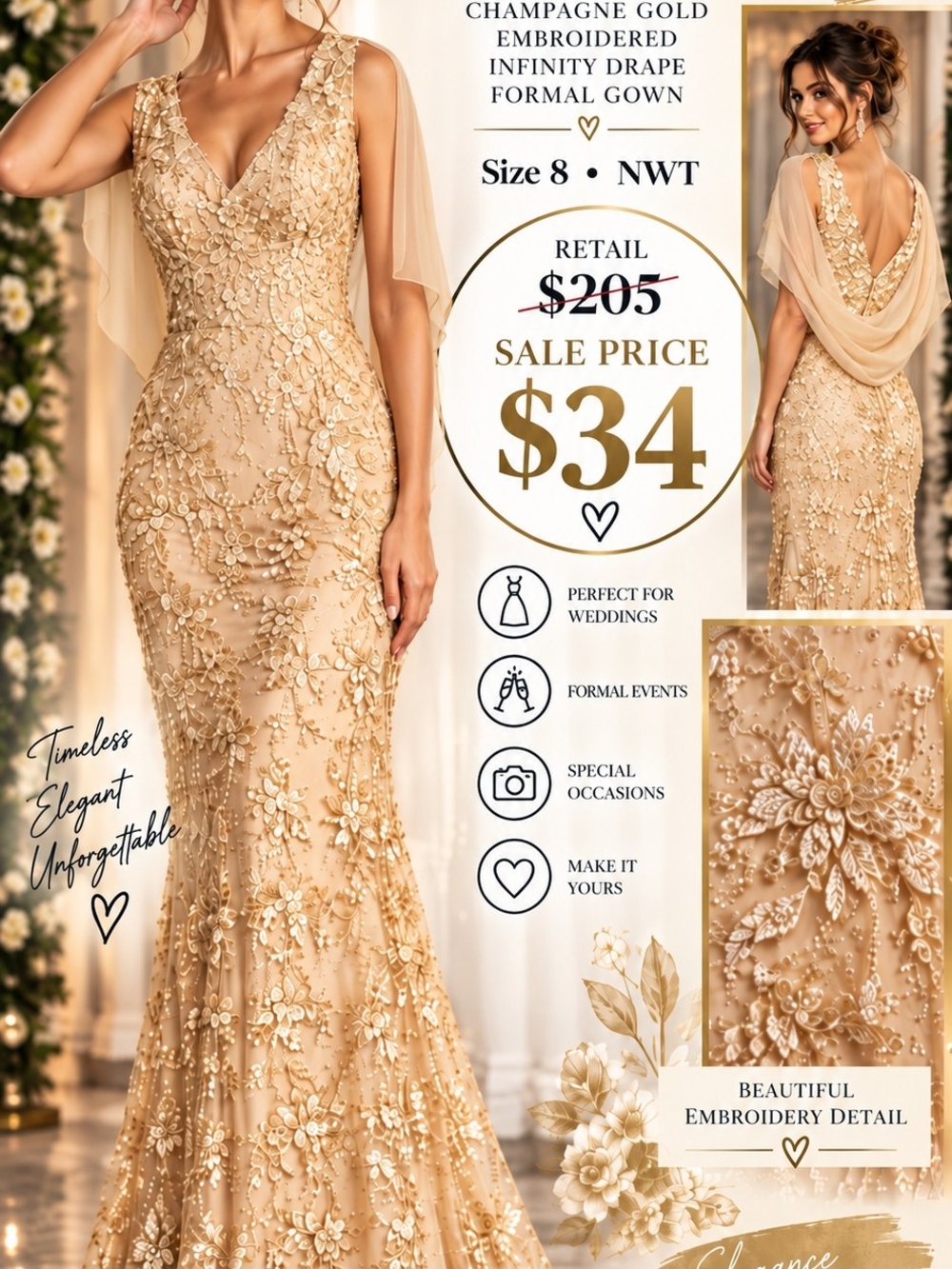 Champagne Gold Embroidered Formal Gown - Women Dresses
